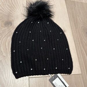 Black Knit Beanie with Pom Pom and Studs